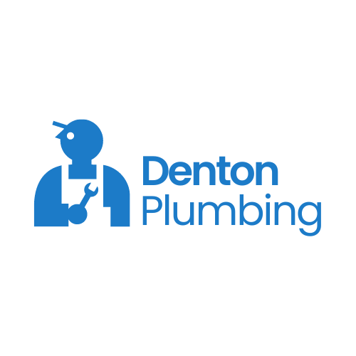 On the left side, there’s a stylized illustration of a plumber in lighter blue color. The plumber is depicted holding a wrench and appears to be wearing a cap. To the right of this icon, the company name “Denton Plumbing” is written in dark blue capital letters. The font used for the text is modern and clean, ensuring readability. Color Scheme: The image primarily uses two colors: a lighter blue and a darker blue. Company Name: “Denton Plumbing”